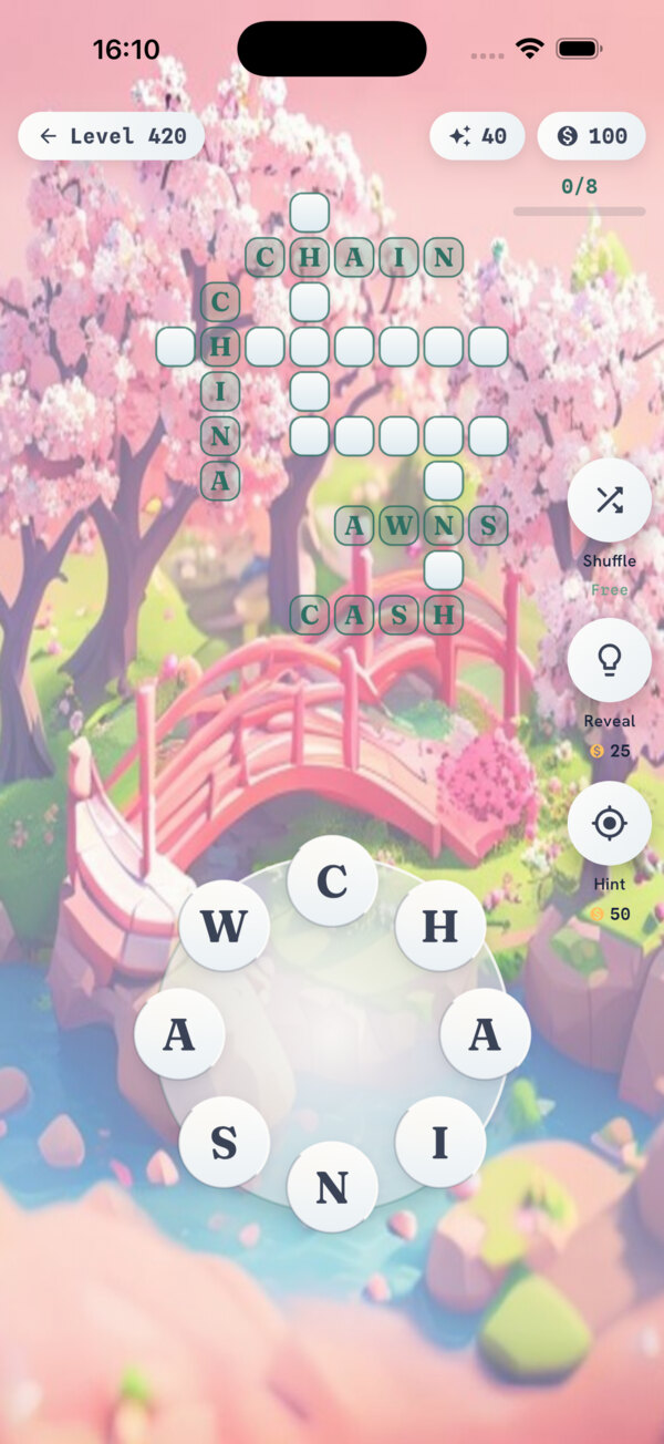 A Lexora level: a wheel of letters below a partly filled crossword grid, over a cherry-blossom scene.