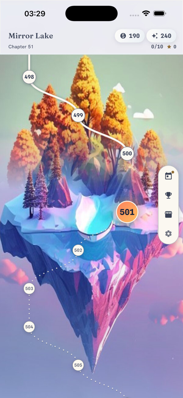 Lexora journey map: a path of levels across a mirror-lake scene.