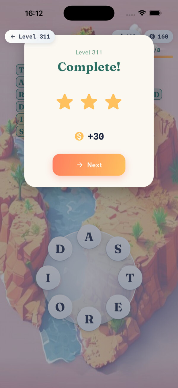 Lexora level complete screen with three stars and a coin reward.