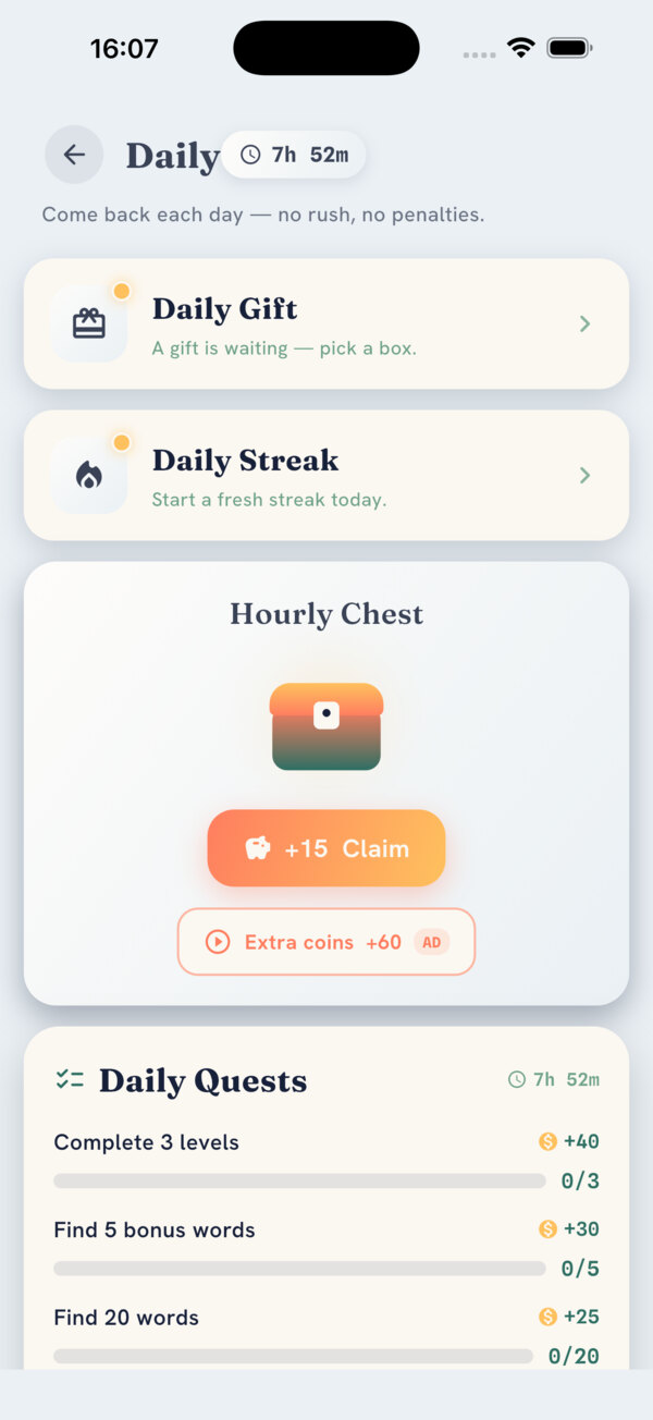 Lexora daily screen: daily gift, daily streak and daily quests.